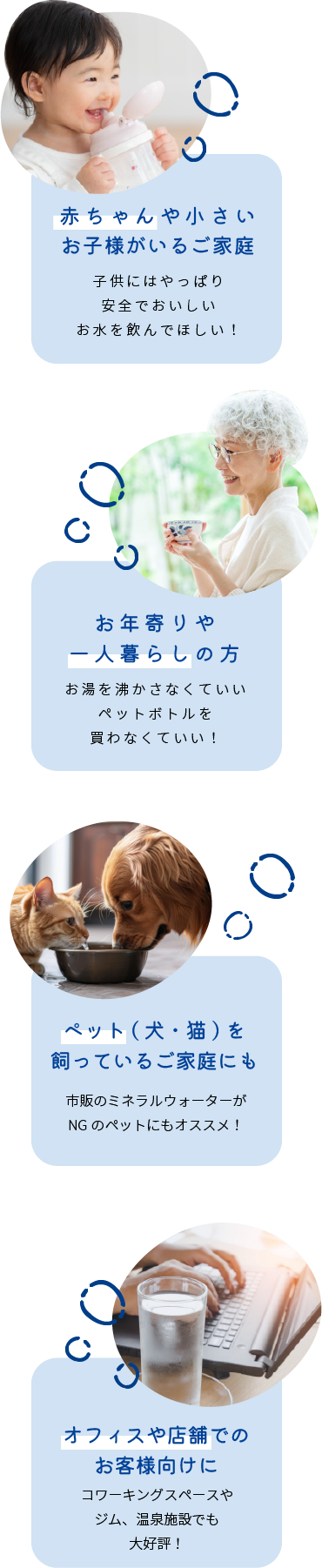 赤ちゃんや小さいお子様がいるご家庭・お年寄りや一人暮らしの方・ペット(犬・猫)を飼っているご家庭にも・オフィスや店舗でのお客様向けに