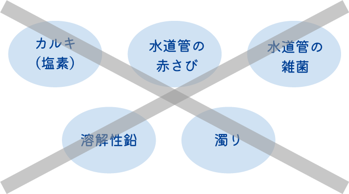 カルキ（塩素）・水道管の赤さび・水道管の雑菌・溶解性鉛・濁り等の水道水の不純物を徹底除去